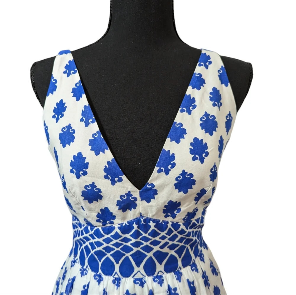 J Crew Santorini Blue White Tile Print Cotton Maxi Dress Size 00 - Picture 5 of 16